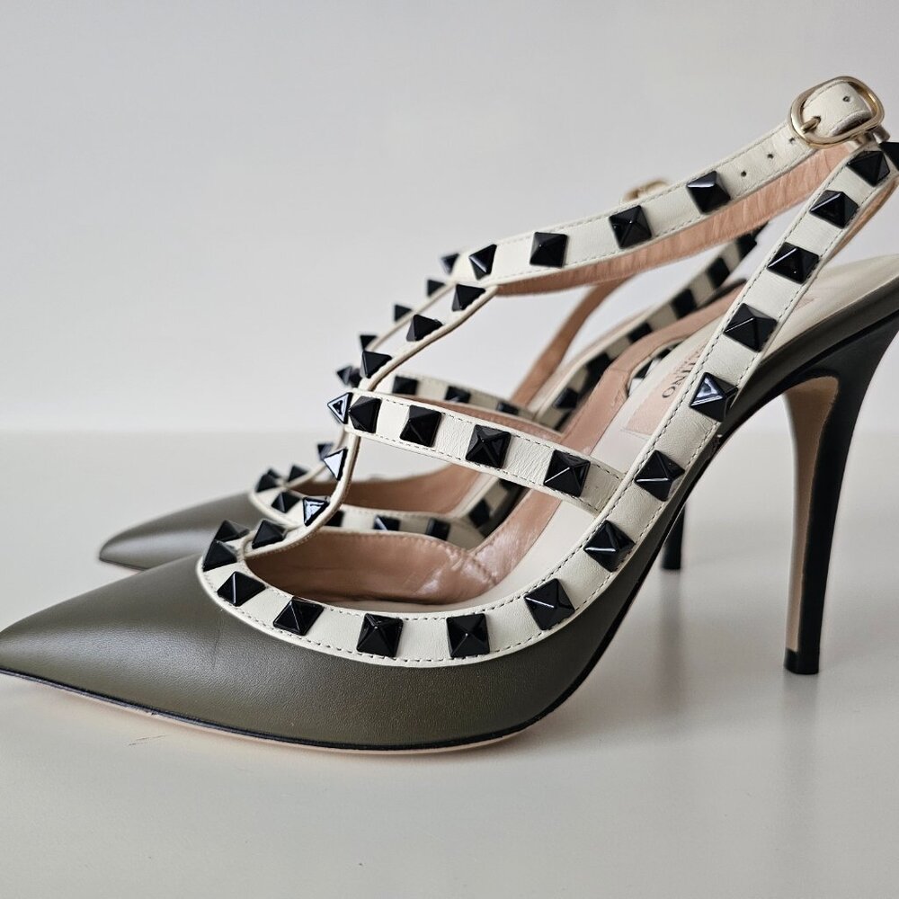 AUTH VALENTINO GARAVANI Rockstud Taupe Green Ankle Strap Shoe Heels 36/6, 100mm - Picture 6 of 15